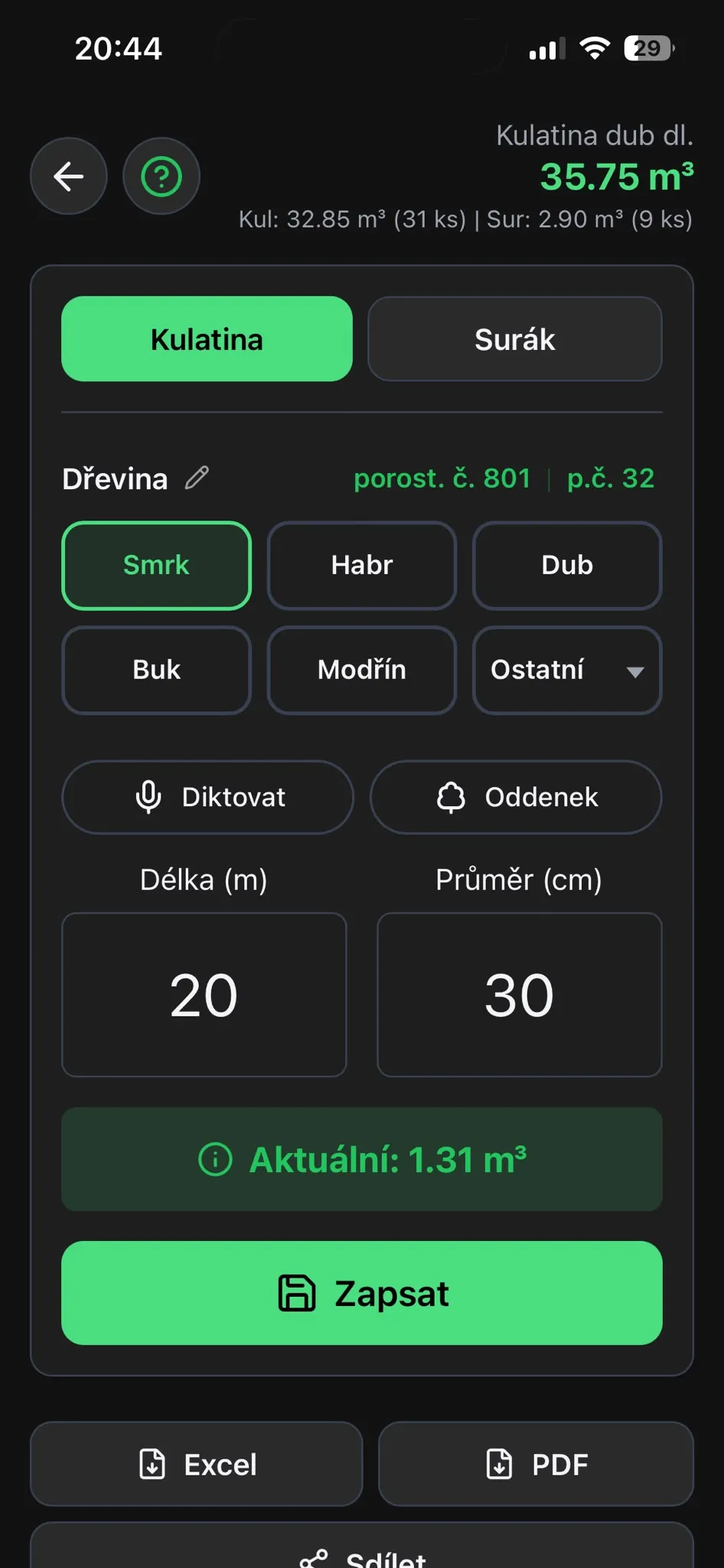 Detail zadávání rozměrů kulatiny v aplikaci Timber Calc