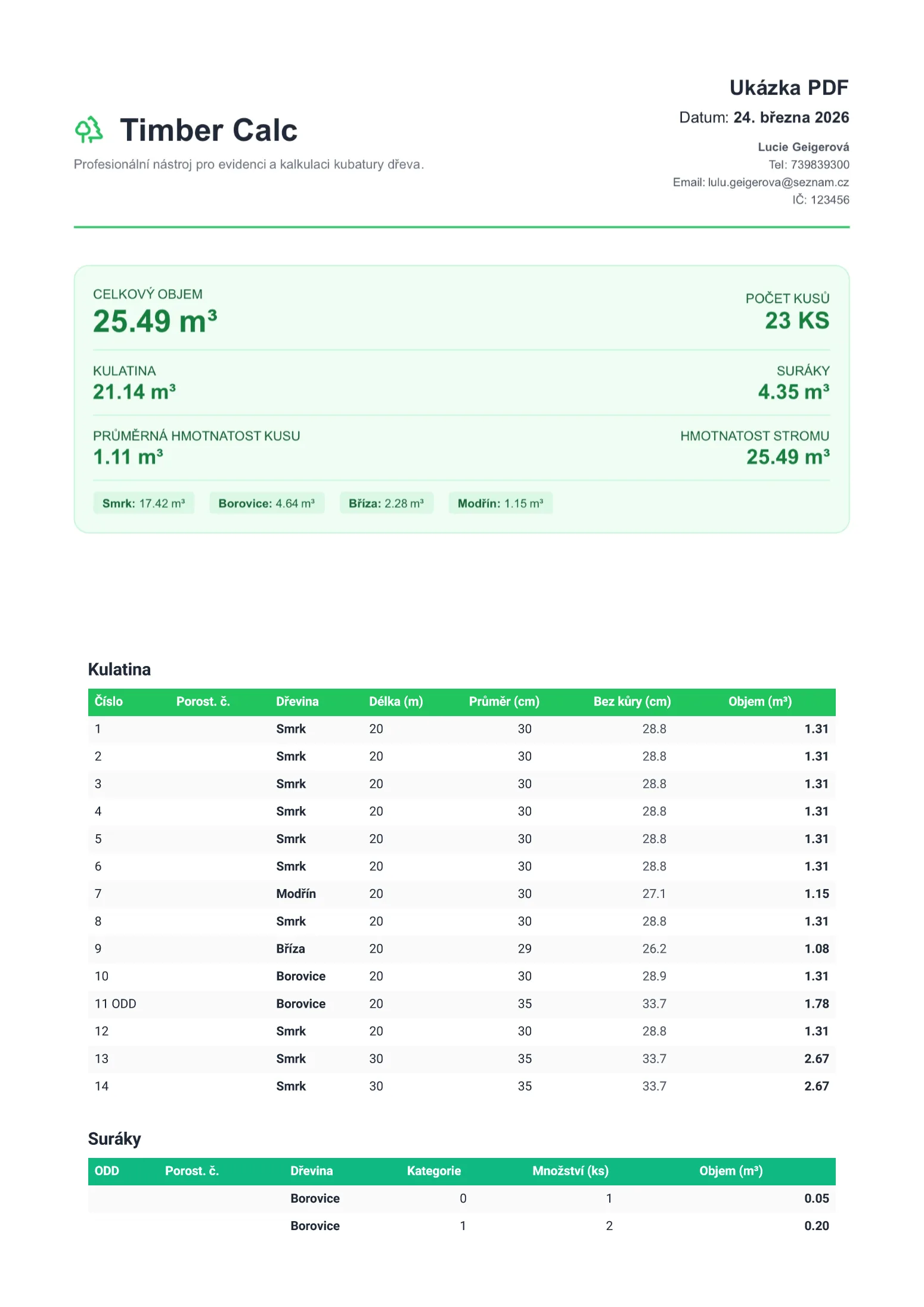 Náhled PDF výkazu vygenerovaného aplikací Timber Calc – soupis kusů s kubaturou