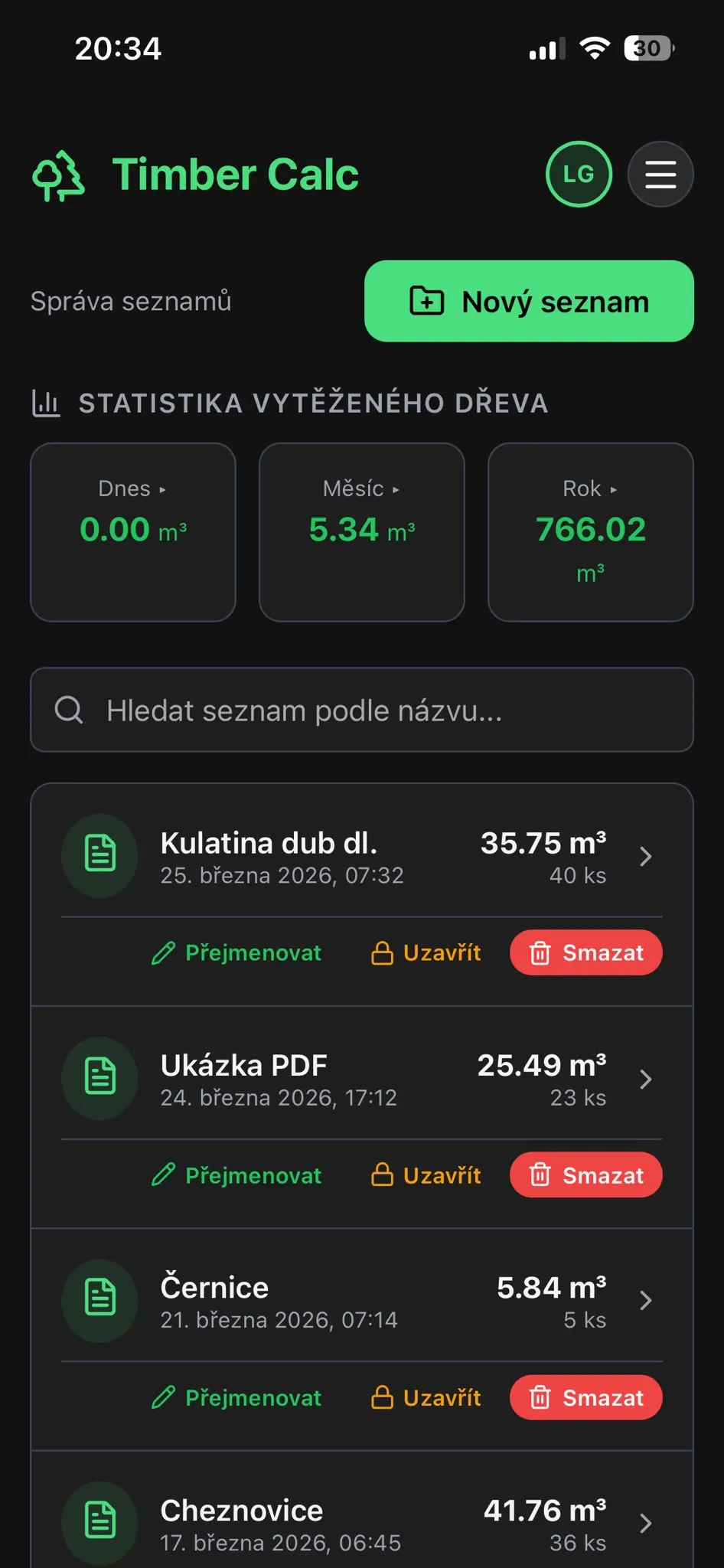 Správa seznamů kubírování dřeva v aplikaci Timber Calc
